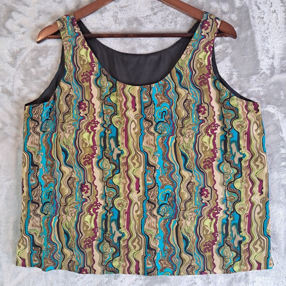 Ann May Womens L Multicolor Abstract Wavy Stripe Print 100% Silk Tank Top Blouse